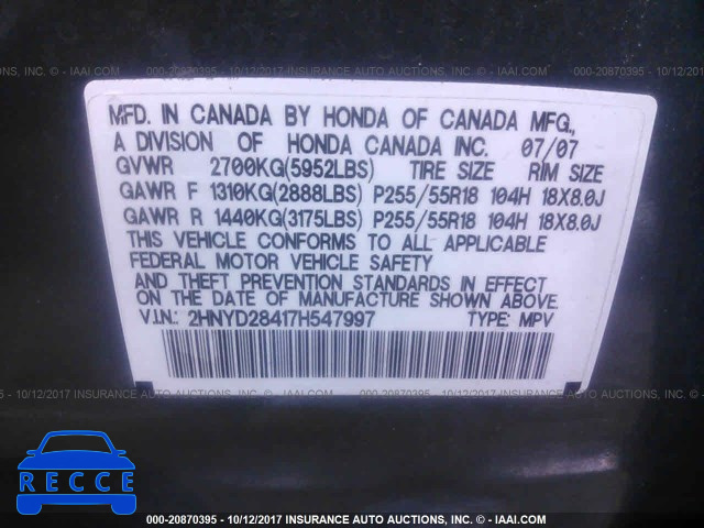 2007 Acura MDX TECHNOLOGY 2HNYD28417H547997 image 8