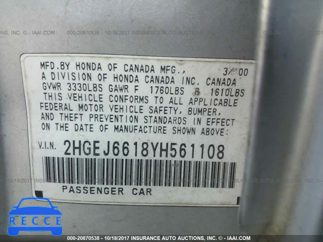 2000 Honda Civic 2HGEJ6618YH561108 image 8