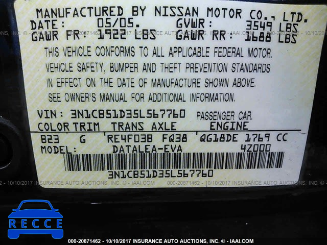 2005 NISSAN SENTRA 3N1CB51D35L567760 image 8