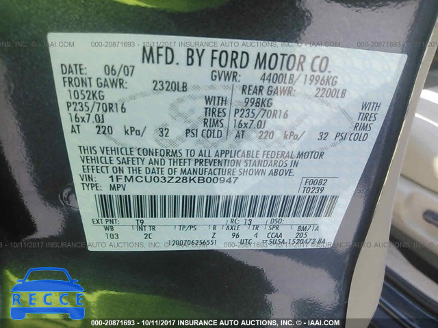 2008 Ford Escape 1FMCU03Z28KB00947 зображення 8