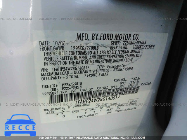 2008 Ford Taurus 1FAHP24W28G140617 image 8