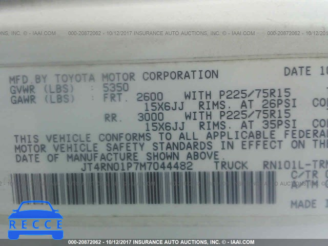1991 Toyota Pickup 1/2 TON SHT WHEELBASE DLX JT4RN01P7M7044482 image 8