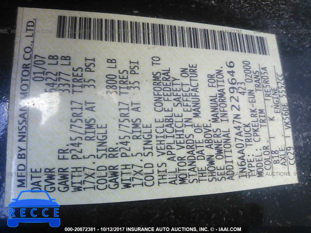 2007 Nissan Titan XE/SE/LE 1N6AA07A47N229646 image 8