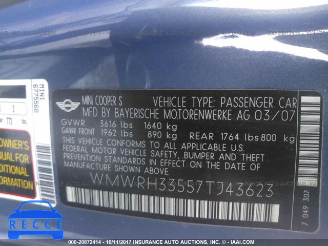 2007 Mini Cooper WMWRH33557TJ43623 image 8