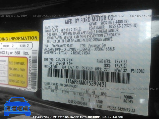 2015 Ford Mustang 1FA6P8AM0F5399421 зображення 8