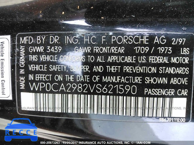 1997 Porsche Boxster WP0CA2982VS621590 зображення 8