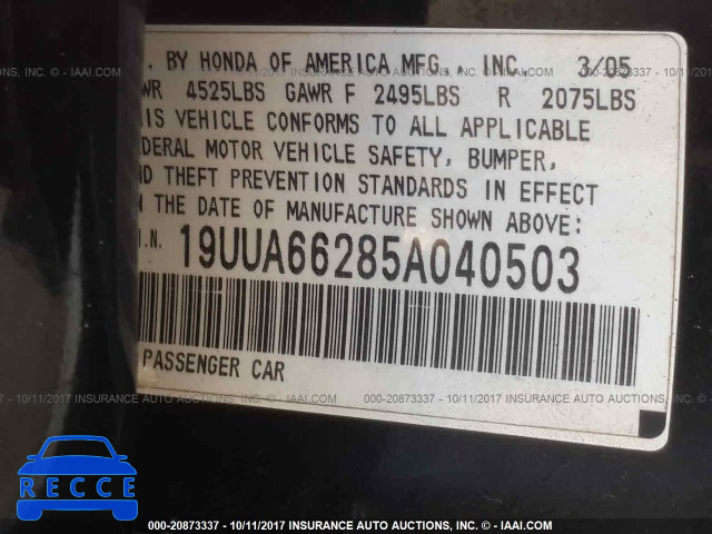 2005 ACURA TL 19UUA66285A040503 Bild 8