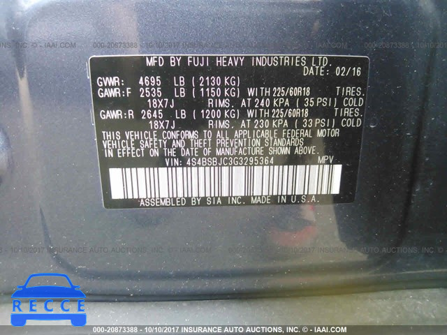 2016 SUBARU OUTBACK 2.5I LIMITED 4S4BSBJC3G3295364 image 8