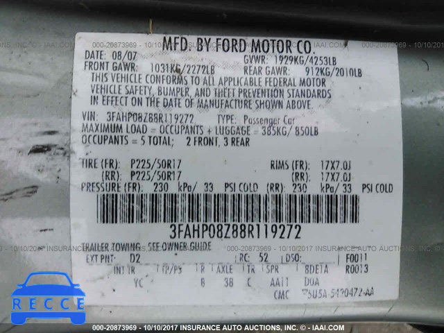 2008 Ford Fusion 3FAHP08Z88R119272 image 8