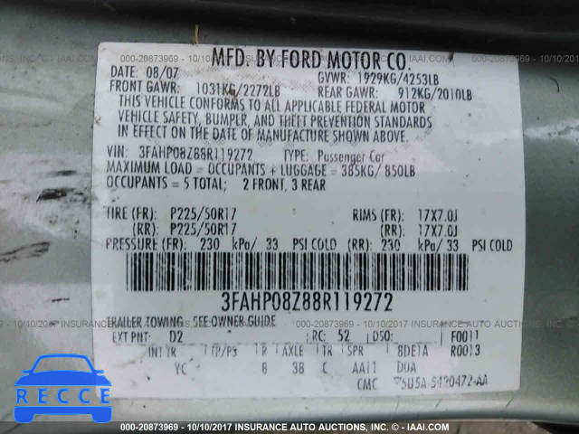 2008 Ford Fusion 3FAHP08Z88R119272 зображення 8