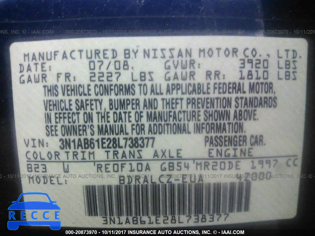 2008 Nissan Sentra 3N1AB61E28L738377 image 8