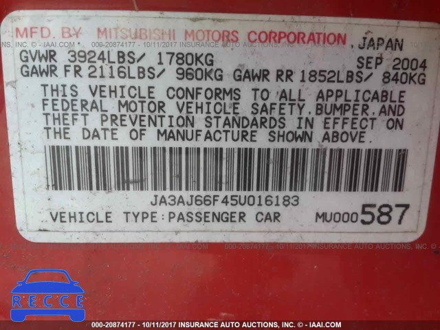 2005 Mitsubishi Lancer JA3AJ66F45U016183 image 8