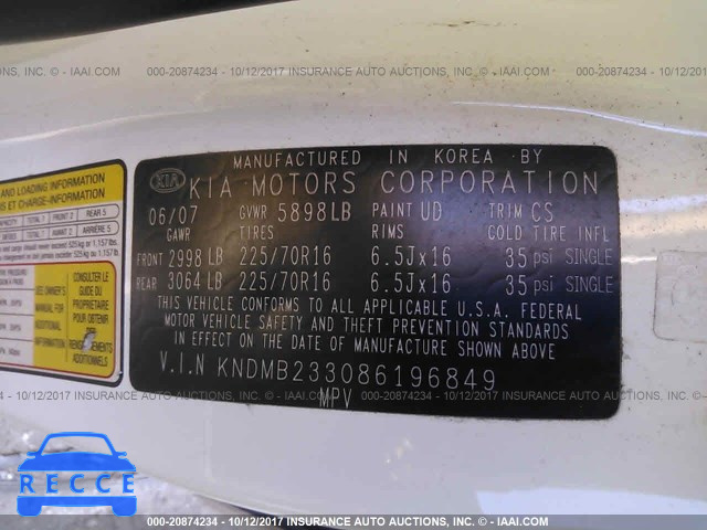 2008 KIA Sedona KNDMB233086196849 image 8