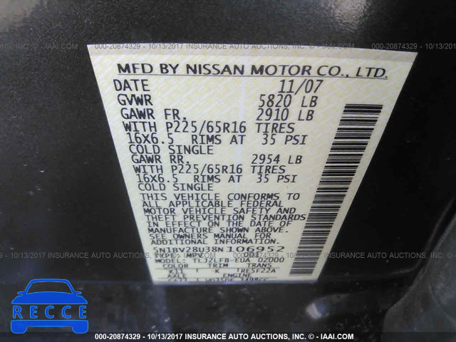 2008 Nissan Quest S/SE/SL 5N1BV28U38N106952 зображення 8