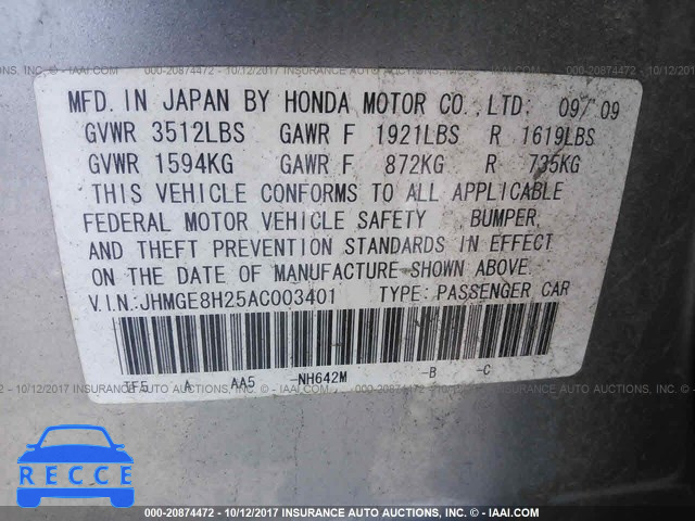 2010 Honda FIT JHMGE8H25AC003401 зображення 8