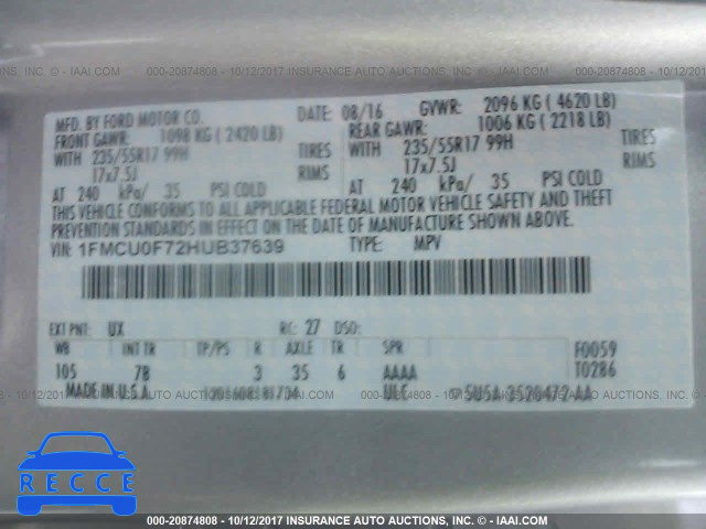 2017 FORD ESCAPE 1FMCU0F72HUB37639 image 8
