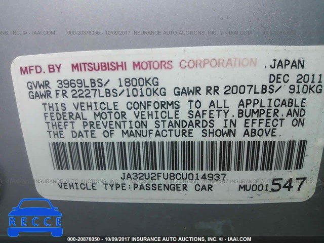 2012 MITSUBISHI LANCER ES/ES SPORT JA32U2FU8CU014937 image 8