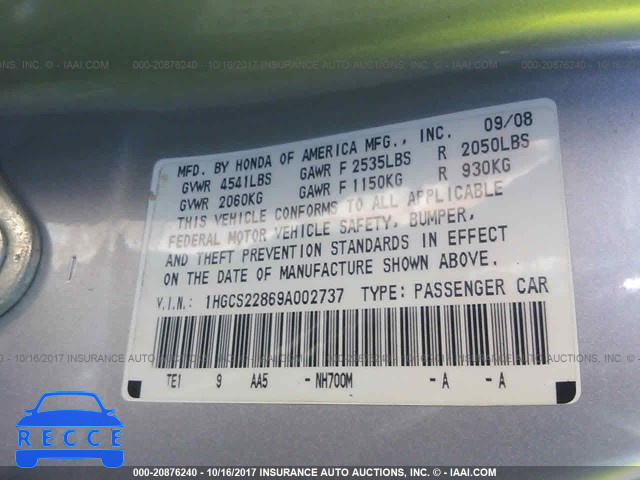 2009 Honda Accord 1HGCS22869A002737 image 8