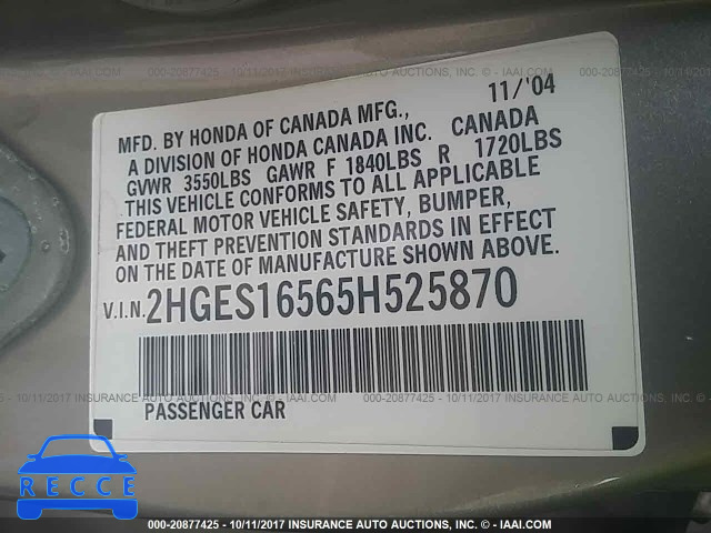 2005 Honda Civic 2HGES16565H525870 image 8