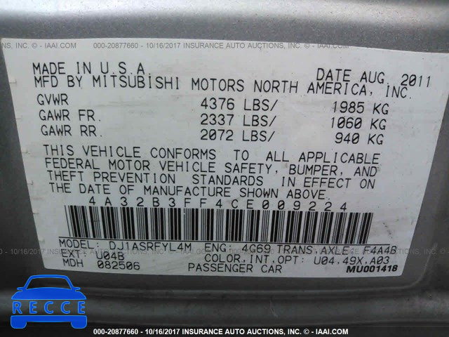 2012 MITSUBISHI GALANT 4A32B3FF4CE009224 image 8