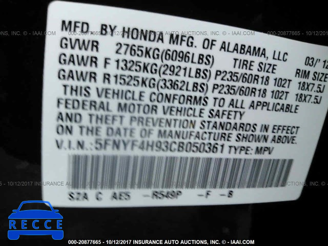 2012 Honda Pilot TOURING 5FNYF4H93CB050361 image 8