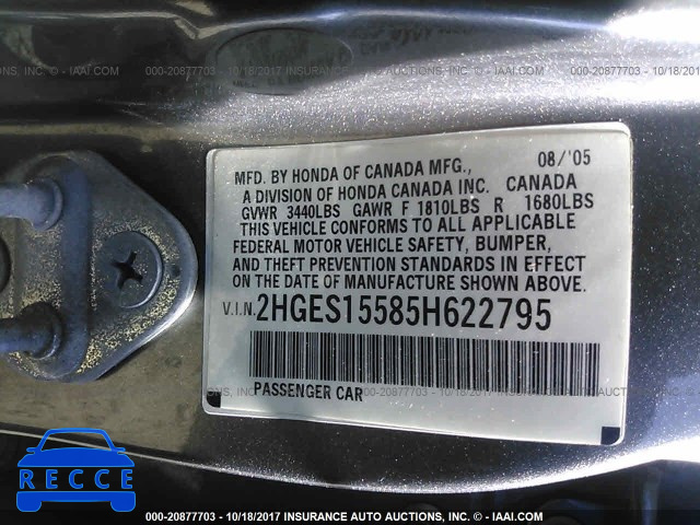 2005 HONDA CIVIC 2HGES15585H622795 image 8