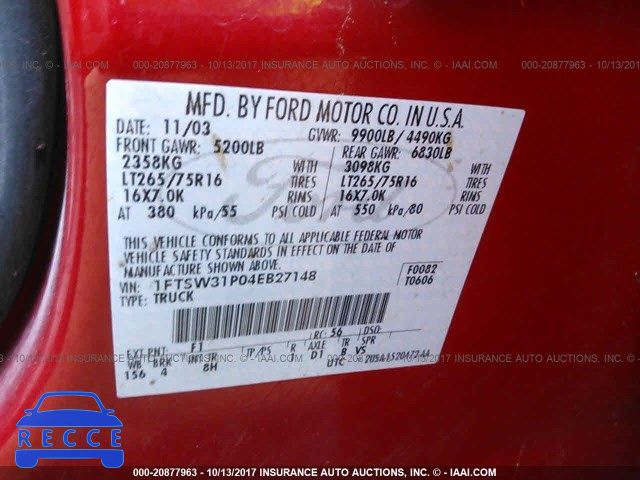 2004 Ford F350 SRW SUPER DUTY 1FTSW31P04EB27148 image 8