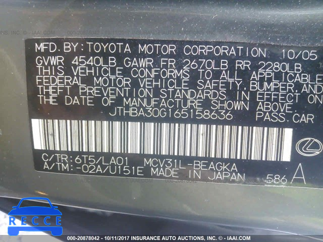 2006 LEXUS ES 330 JTHBA30G165158636 image 8
