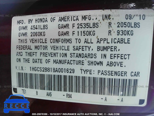 2011 Honda Accord 1HGCS2B81BA001629 image 8