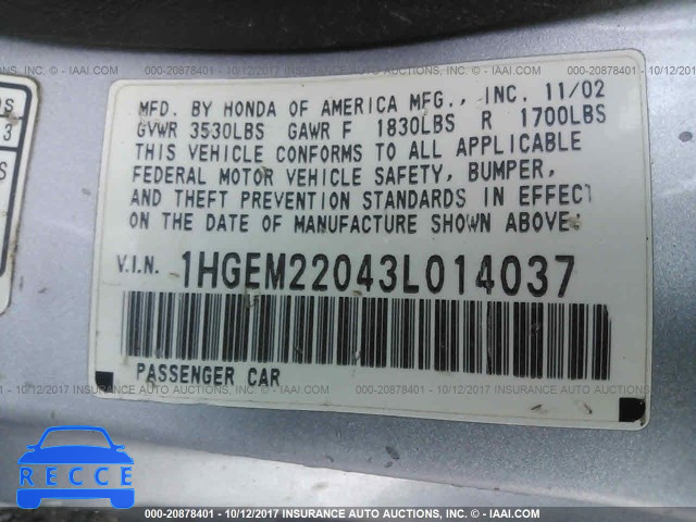 2003 Honda Civic 1HGEM22043L014037 image 8