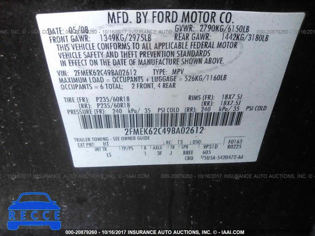 2009 Ford Flex SEL 2FMEK62C49BA02612 зображення 8