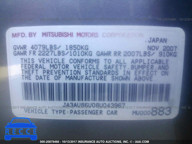 2008 Mitsubishi Lancer JA3AU86U08U043967 image 8