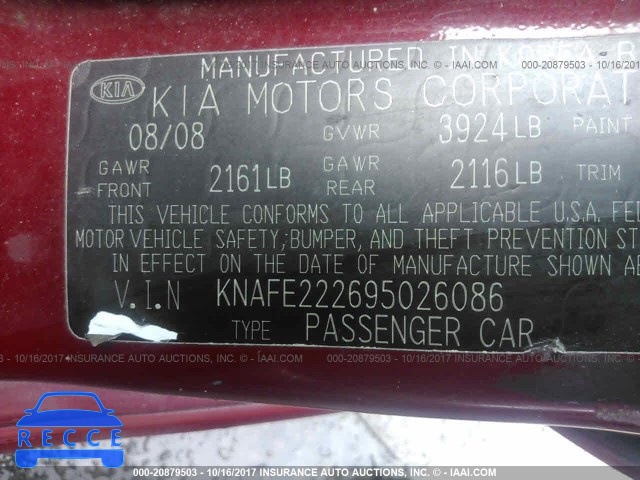 2009 KIA Spectra KNAFE222695026086 image 8