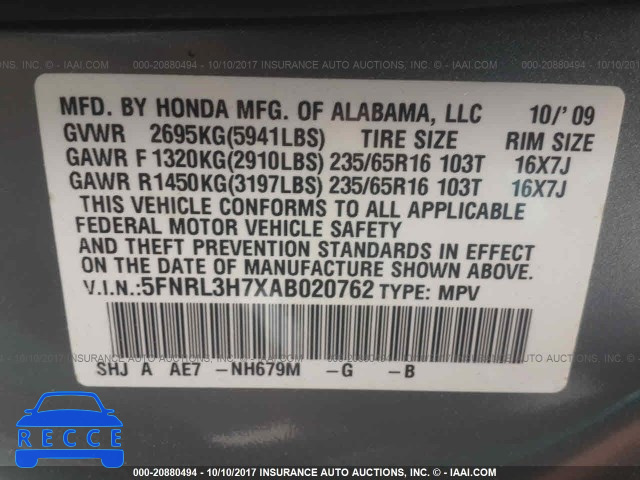 2010 Honda Odyssey 5FNRL3H7XAB020762 image 8