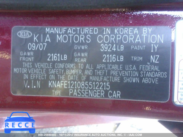 2008 KIA Spectra EX/LX/SX KNAFE121085512215 image 8