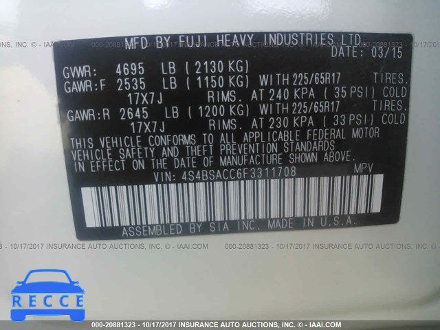 2015 Subaru Outback 2.5I PREMIUM 4S4BSACC6F3311708 image 8