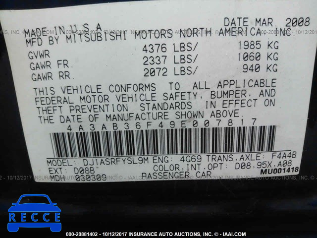 2009 Mitsubishi Galant 4A3AB36F49E007817 зображення 8