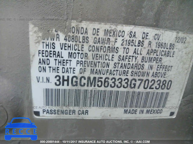 2003 Honda Accord 3HGCM56333G702380 image 8