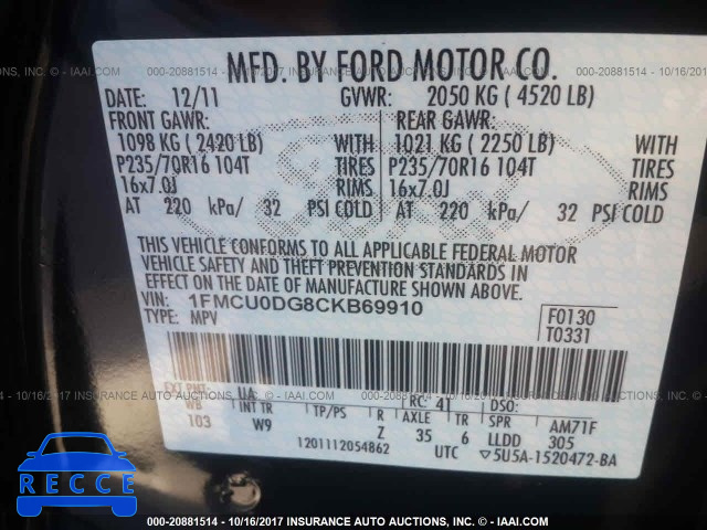 2012 Ford Escape 1FMCU0DG8CKB69910 зображення 8