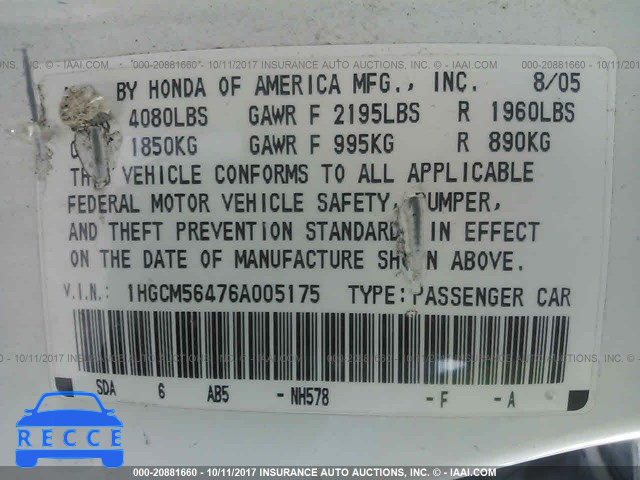 2006 Honda Accord 1HGCM56476A005175 image 8