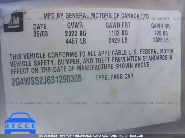 2003 Buick Century CUSTOM 2G4WS52J631290305 image 8