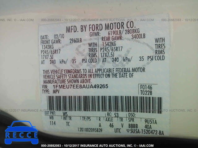 2010 Ford Explorer 1FMEU7EE8AUA49265 image 8