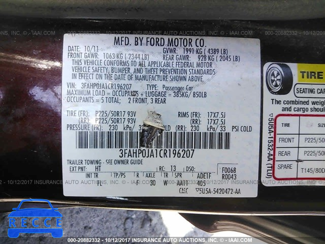 2012 Ford Fusion 3FAHP0JA1CR196207 image 8