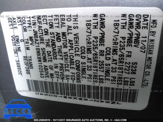 2009 Nissan Murano S/SL/LE JN8AZ18WX9W102543 image 8
