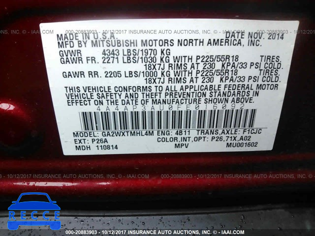 2015 Mitsubishi Outlander Sport ES 4A4AP3AU0FE016092 image 8