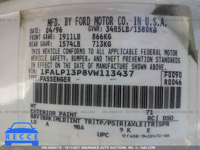 1997 Ford Escort 1FALP13P8VW113437 зображення 8