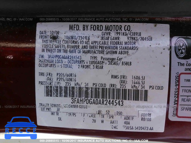 2010 Ford Fusion 3FAHP0GA0AR244543 image 8