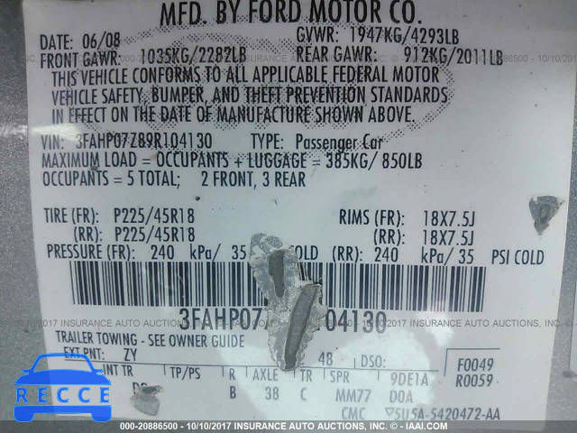 2009 Ford Fusion 3FAHP07Z89R104130 image 8