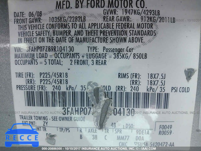 2009 Ford Fusion 3FAHP07Z89R104130 зображення 8