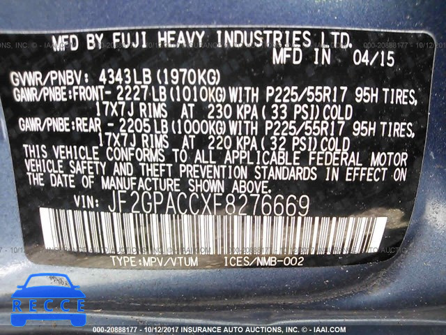 2015 Subaru Xv Crosstrek 2.0 PREMIUM JF2GPACCXF8276669 image 8